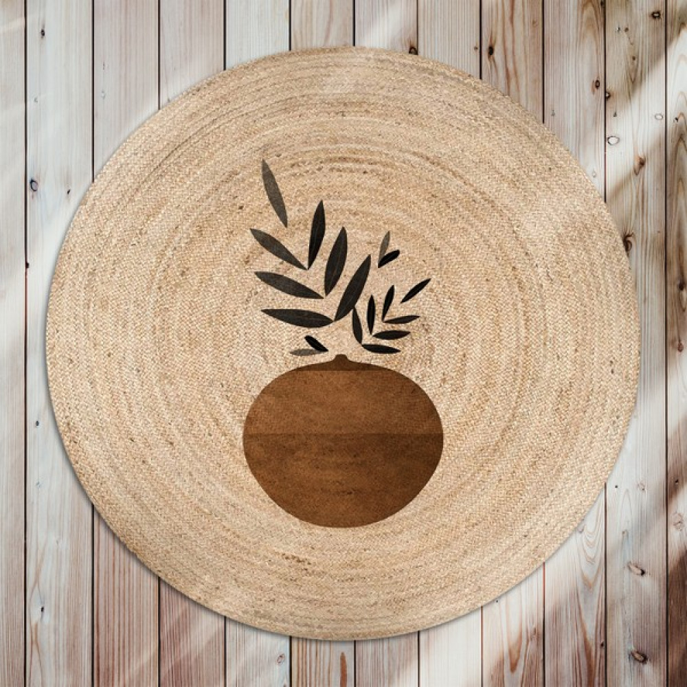 Galo Bolero Örgü Kahverengi Fanus ve Çiçek Baskılı Yuvarlak Modern Jüt Halat Halı Hasır Kilim - Bej - 80 x 80 cm Kilim Fiyatı