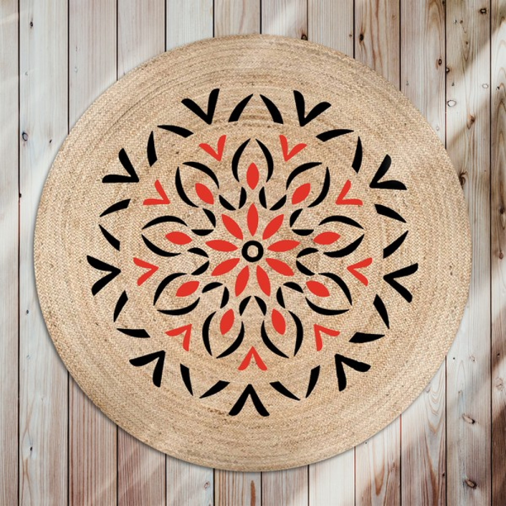 Galo Bolero Örgü Kırmızı Siyah Simgesel Çiçek Baskılı Yuvarlak Modern Jüt Halat Halı Hasır Kilim - Bej - 80 x 80 cm Kilim Fiyatı
