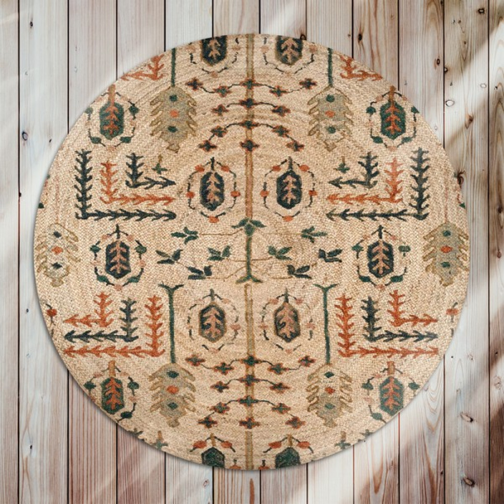 Galo Bolero Örgü Renkli Kilim Desen Baskılı Yuvarlak Modern Jüt Halat Halı Hasır Kilim - Bej - 80 x 80 cm Kilim Fiyatı
