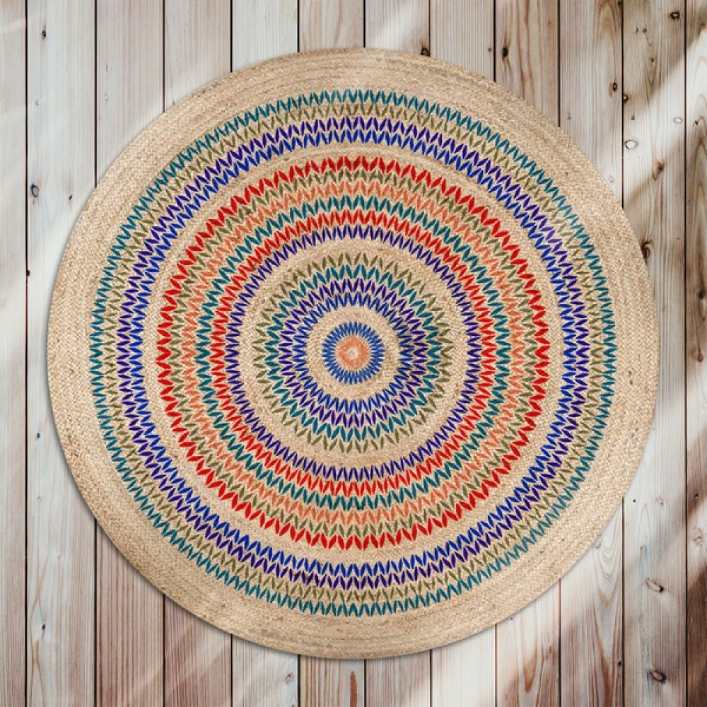 Galo Bolero Örgü Renkli Zigzag Halkalar Baskılı Yuvarlak Modern Jüt Halat Halı Hasır Kilim - Bej - 80 x 80 cm Kilim Fiyatı
