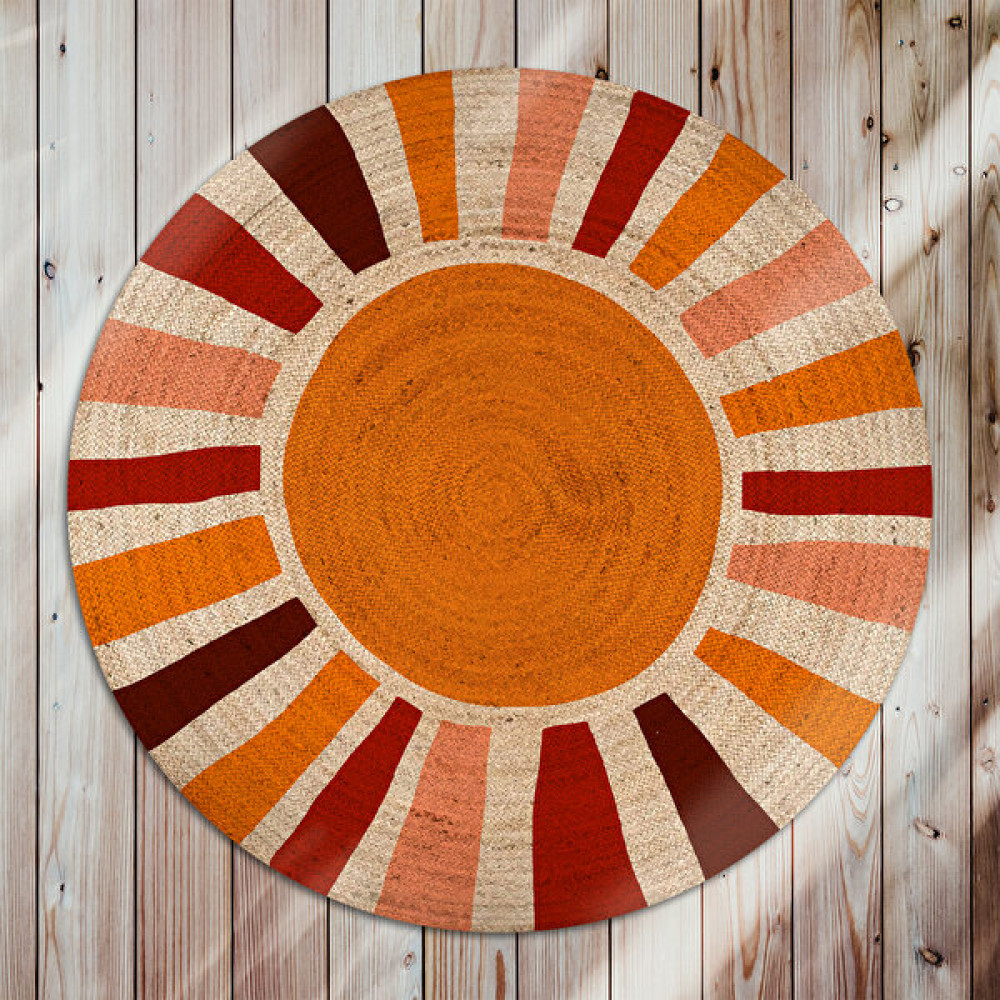 Galo Bolero Örgü Simgesel Güneş Baskılı Yuvarlak Modern Jüt Halat Halı Hasır Kilim - Bej - 80 x 80 cm Kilim Fiyatı