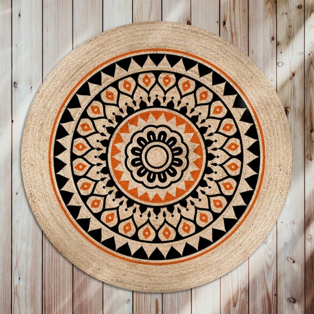 Galo Bolero Örgü Turuncu Siyah Etnik Çiçek Baskılı Yuvarlak Modern Jüt Halat Halı Hasır Kilim - Bej - 80 x 80 cm Kilim Fiyatı