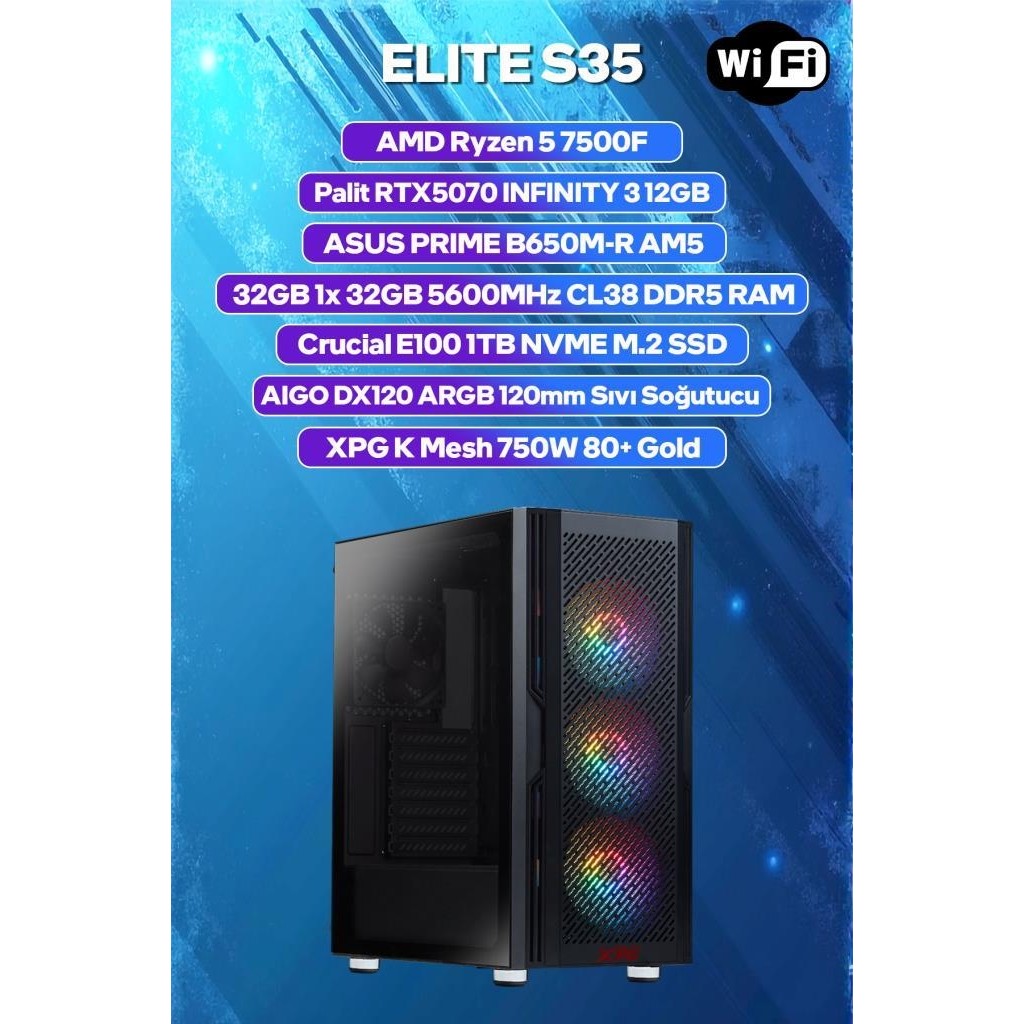 Game Garaj Elite S35 Amd Ryzen 5 7500F 32GB Ram 1tb SSD RTX5070 120MM Sıvı Soğt Freedos Oyuncu Oem Paket - Siyah - Monitör Yok Monitör Fiyatı