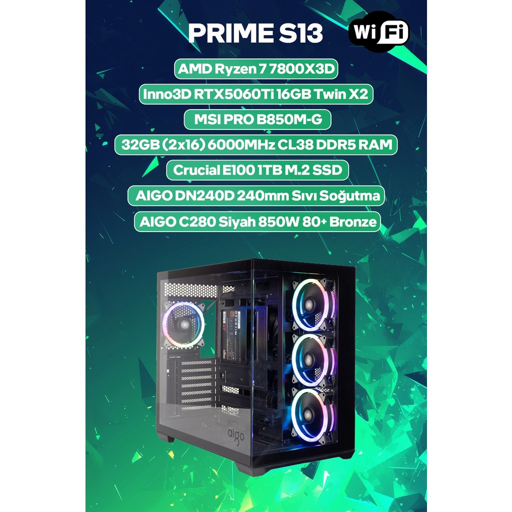 Game Garaj Prime S13 Amd Ryzen 7 7800X3D 32GB RAM 1TB SSD RTX5060Ti 240MM Sıvı Soğutma Freedos Oyuncu OEM Paket Ekran Kartları Fiyatı