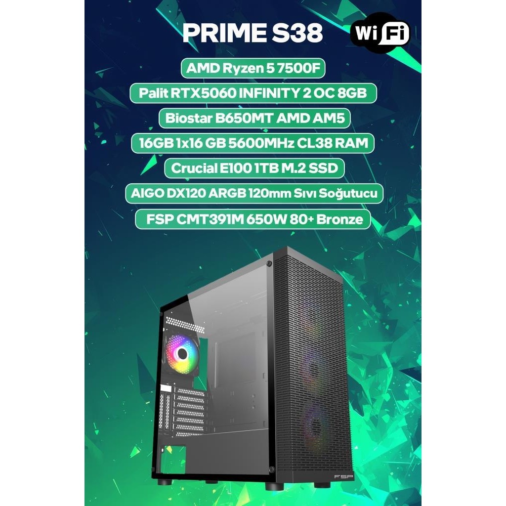 Game Garaj Prime S38 Amd Ryzen 5 7500F 16GB Ram 1tb SSD RTX5060 120MM Sıvı Soğt Freedos Oyuncu Oem Paket - Siyah - Monitör Yok Monitör Fiyatı