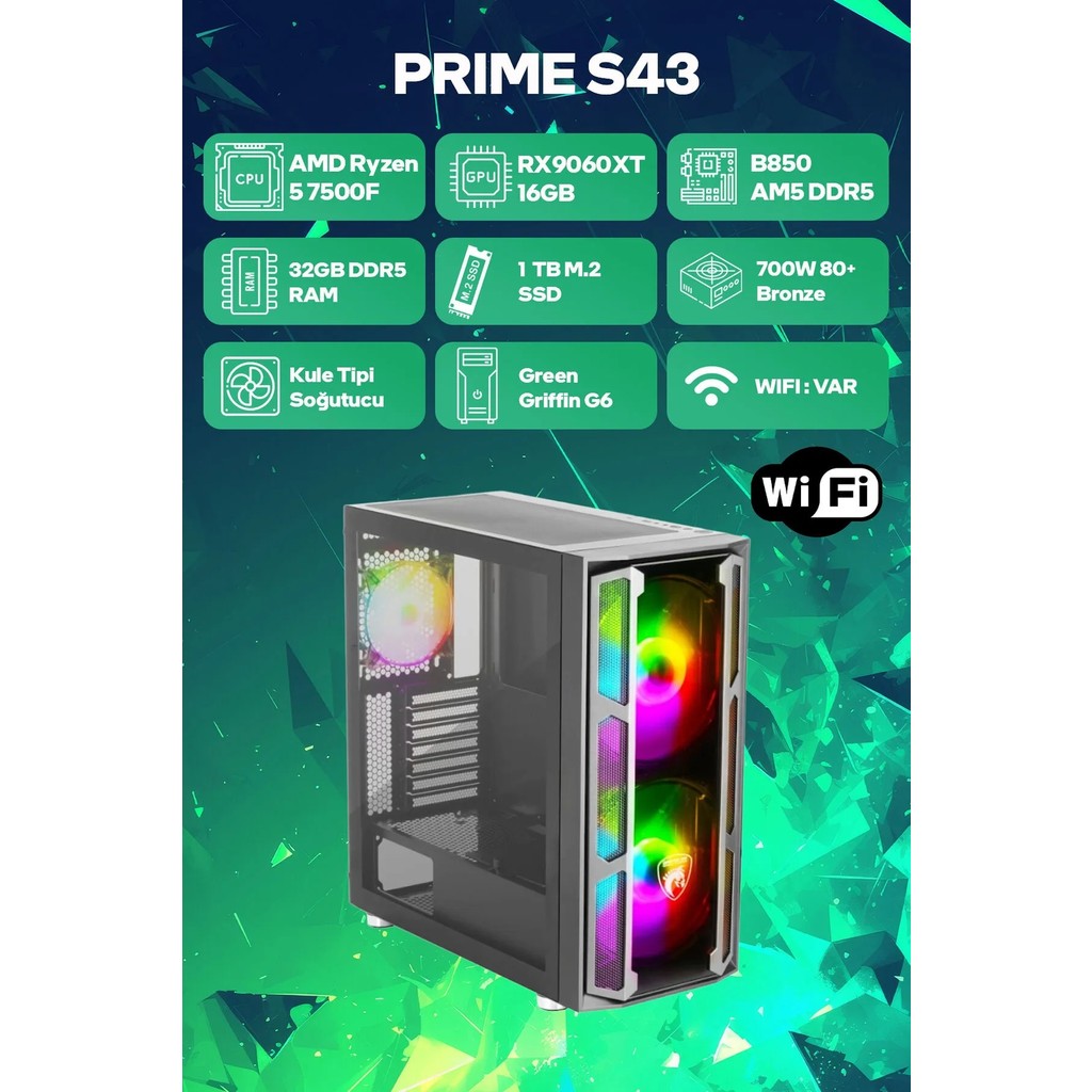 Game Garaj Prime S43 Amd Ryzen 5 7500F 32GB Ram 1tb SSD RX9060XT 16GB Freedos Oyuncu Oem Paket - Siyah - Monitör Yok Monitör Fiyatı