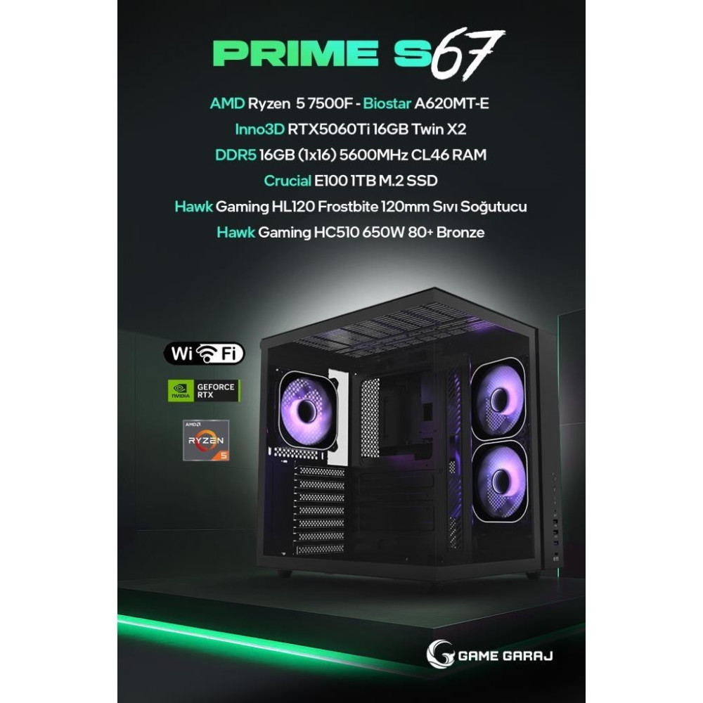 Game Garaj Prime S67 Amd R5 7500F 16GB Ram 1tb SSD RTX5060TI 16GB 120MM Sıvı Soğt Freedos Oyuncu Oem Paket - Siyah - Monitör Yok Masaüstü Bilgisayar Fiyatı