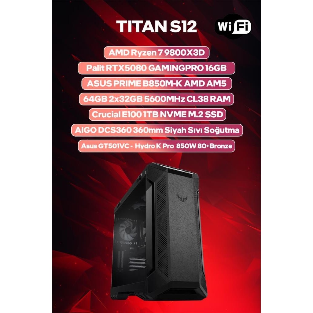 Game Garaj Titan S12 Amd Ryzen 7 9800X3D 64GB Ram 1tb SSD RTX5080 360MM Sıvı Soğt Freedos Oyuncu Oem Paket - Siyah - Monitör Yok Monitör Fiyatı