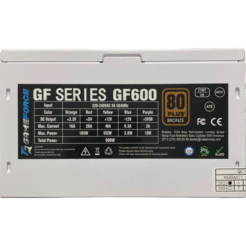 GameForce GF600 Beyaz 600W 80+ Bronz Sertifikalı Güç Kaynağı Power Supply Fiyatı