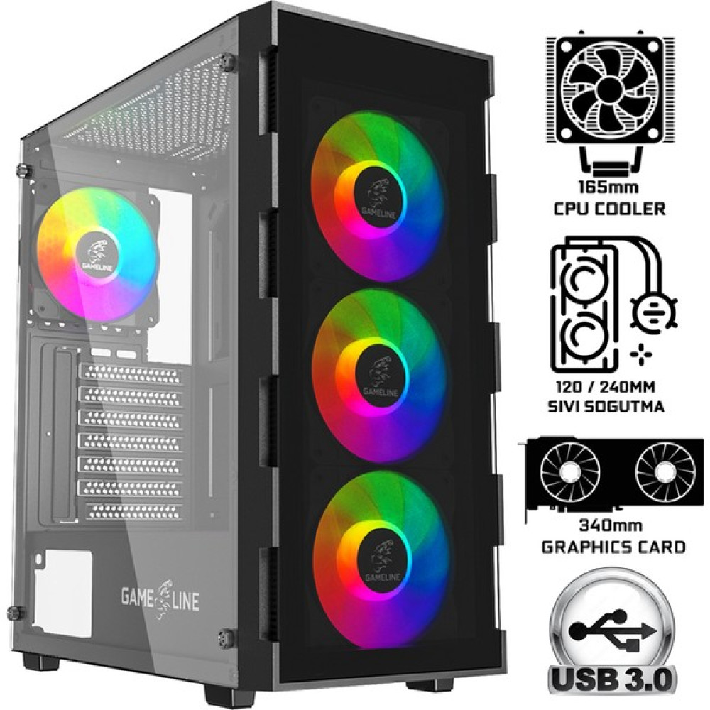 Gameline Elısa-Glass 4x Rainbow Fan Atx USB 3.0 Gaming Bilgisayar Kasası PC Kasaları Fiyatı