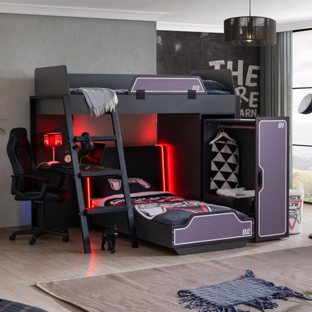 Gamer Ranza Ledli Karyola Masa Çekmeceli Dolap Takımı Ranza Fiyatı