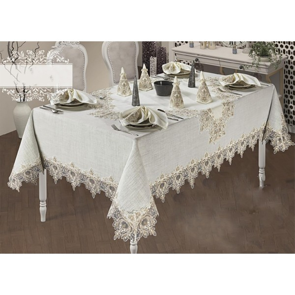 Gamze 12 Peçeteli Linen Kumaş Fransız Güpürlü 26 Parça Lüks Yemek Takımı - Krem - 160 x 220 cm Masa Örtüsü Fiyatı