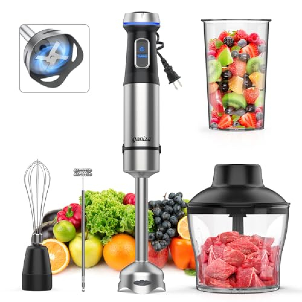 Ganiza Immersion Blender 5 in 1 Hand Blender Max 1000W Heavy Duty Motor, 16 Speed Mode Handheld Blender Stainless Steel Blade With 800ml Mixing Beaker, 600ml Chopper, Whisk and Milk Frother Blenders Fiyatı