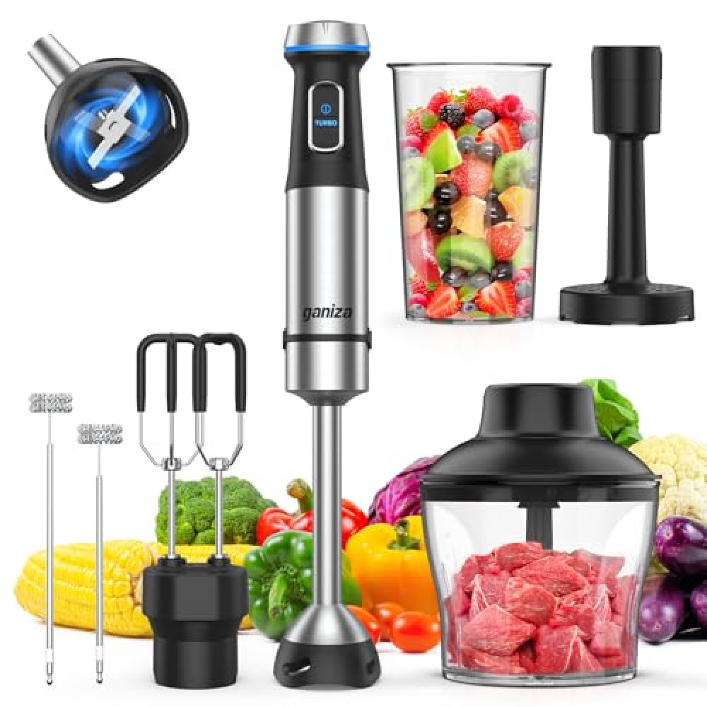Ganiza Immersion Blender, 6 in 1 Hand Blender Stainless Steel Blade, 15 Speed Stick Blender Electric, Immersion Blender Handheld with 800ml Mixing Beaker, 600ml Chopper, Whisk, Frother, Potato Masher Blenders Fiyatı