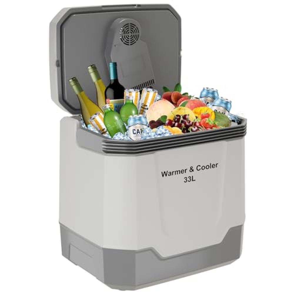 GAOMON 35 Quart (33 L) Electric Cooler & Warmer, Portable Car Refrigerator With Automatic Locking Handle, 12V Car Cooler for Vehicle & 110V AC Home Power Cord, Plug In Coolers,Grey