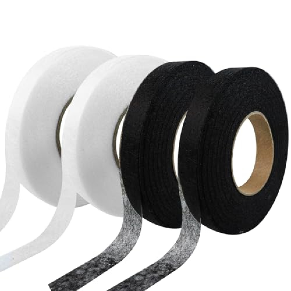 GAQWOK 280 Yards Iron on Hemming Tape - Double Sided Tape for Clothes, Fabric Tape for Clothes, No Sew Hemming Tape for Pants, Dresses, Curtains - 4 Rolls (2 Black, 2 White) 1.5cm X 70 Yards Each