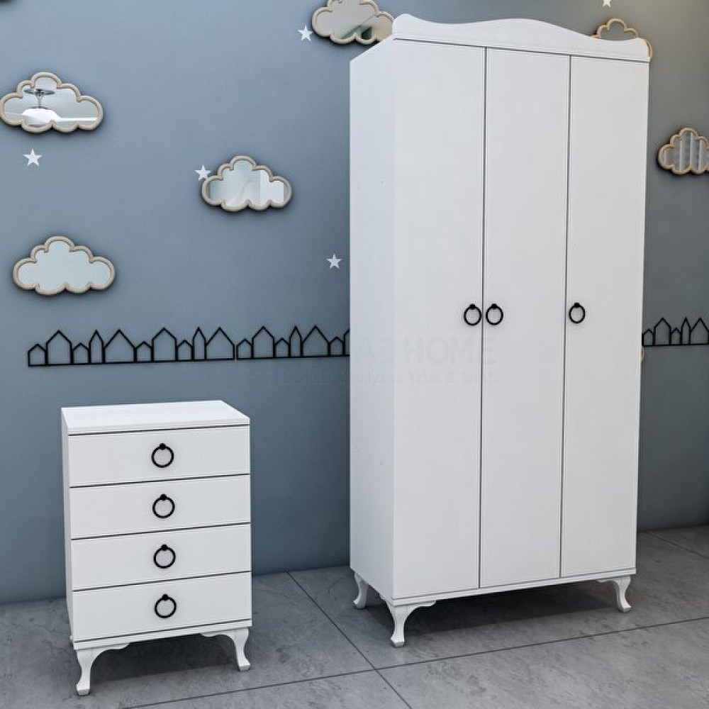 Garaj Home Yıldız 3 Kapaklı Dolap ve Komodin- Beyaz Gardrop & Dolap Fiyatı