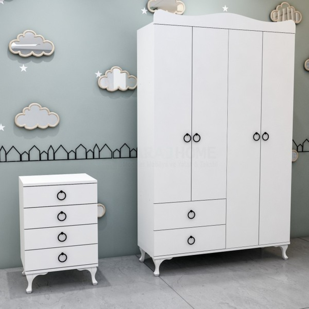 Garaj Home Yıldız 4 Kapaklı Dolap ve Komodin- Beyaz Gardrop & Dolap Fiyatı