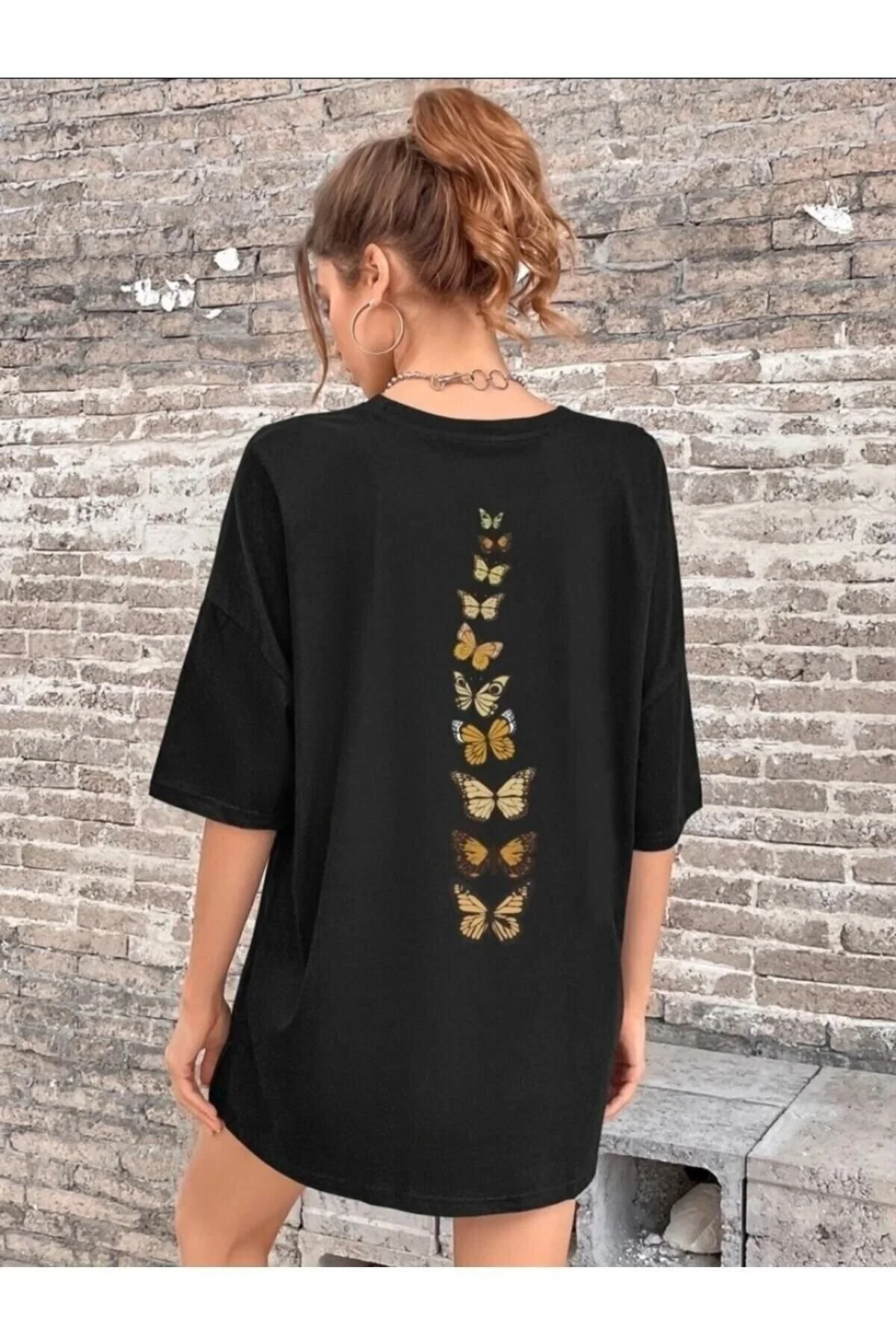 Garalio Kadın Siyah Sırt Detay Kelebek Baskılı Oversize T-shirt XL Beden" Bayan T-shirt Fiyatı