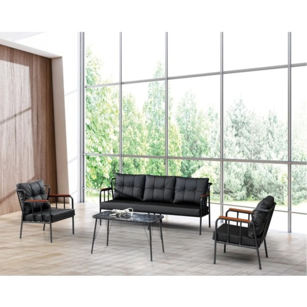 Garden House Siyah Metal 3+1+1 Siyah Deri Ofis Koltuk Takımı Ofis Koltuğu Metal Sedir Divan Ferforje Bahçe Mobilyası Takımı Fiyatı