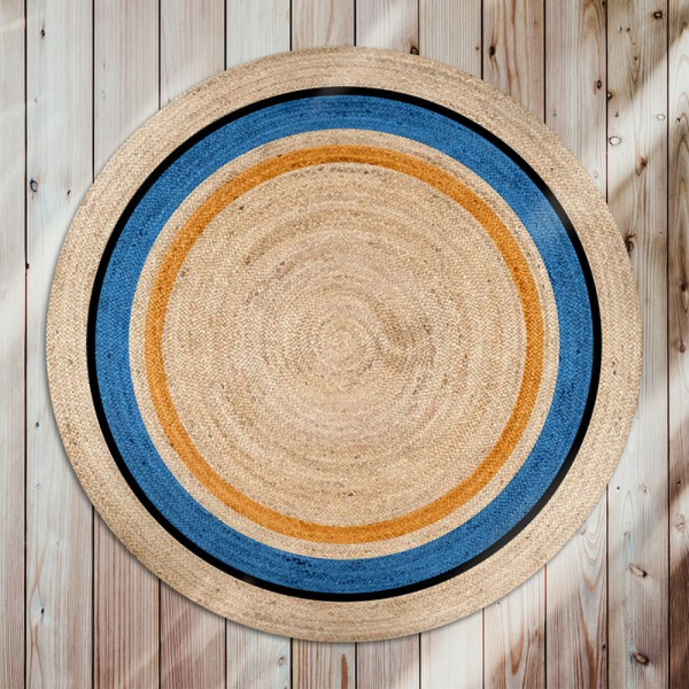 Gardenya Home Bolero Örgü Mavi Siyah Hardal Bordürlü Baskılı Yuvarlak Modern Jüt Halat Halı Hasır Kilim - Bej - 80 x 80 cm Kilim Fiyatı