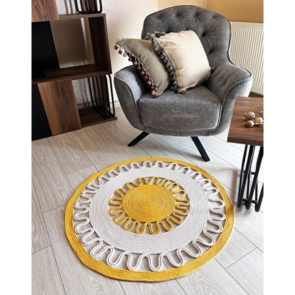 Gardenya Home Gardenya Delhi Sisal Yuvarlak Güneş Model Sarı Beyaz Modern Jüt Halı Hasır Kilim - Sarı - Beyaz - 80 x 80 cm Kilim Fiyatı