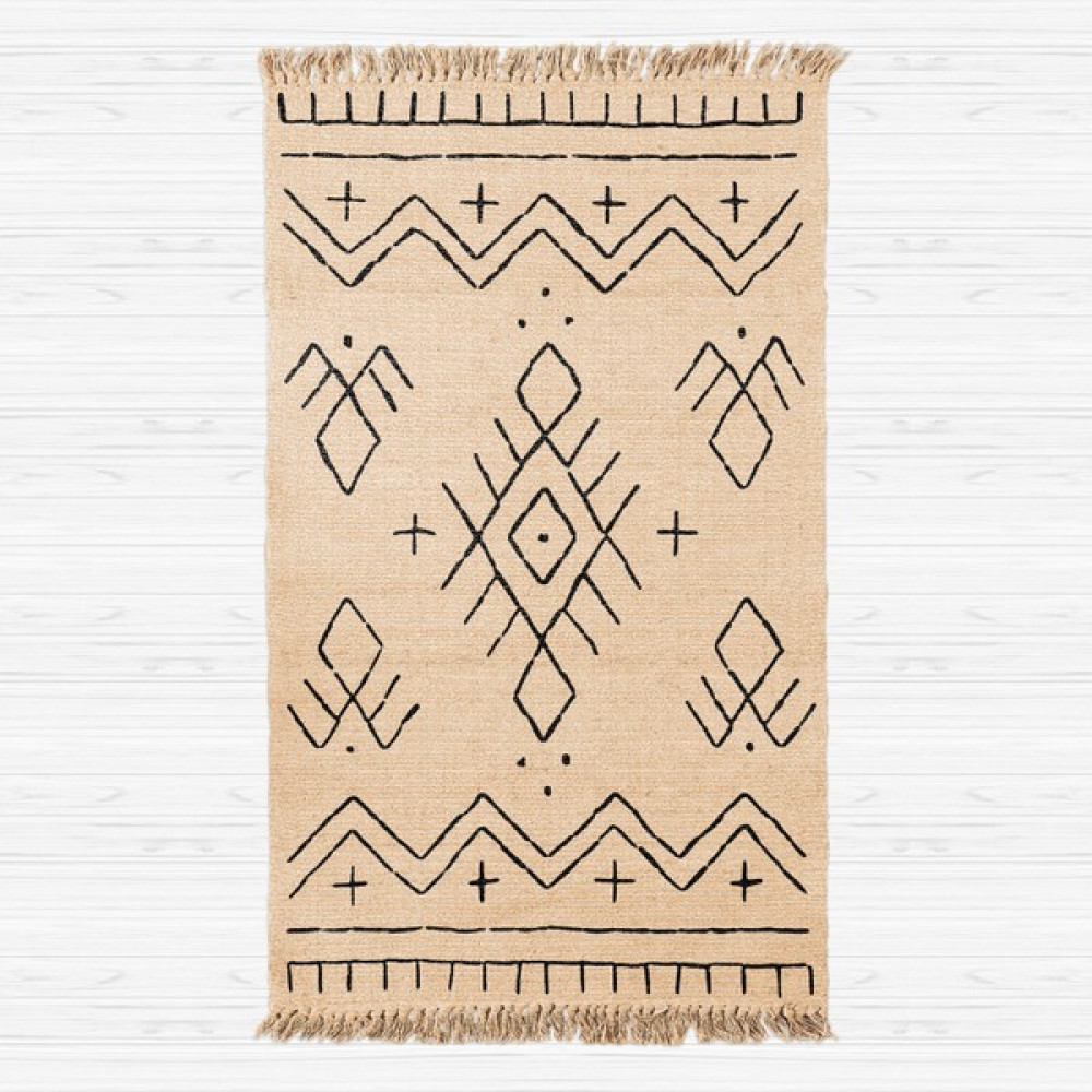 Gardenya Home Gardenya Doğal Jüt Hasır Görünümlü Iskandinav Kilim Desen Kara Tezgah Dokuma Halı Saçaklı Kilim - Bej - 80 x 150 cm Kilim Fiyatı