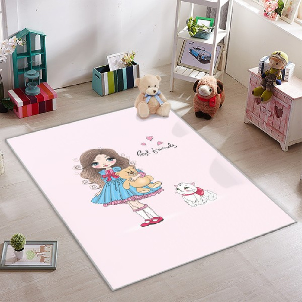 Gardenya Home Gardenya Kedili Ayıcıklı Sevimli Kız Çocuk Odası Halısı 50 x 80 cm - Pembe Bebek Odası Halı Fiyatı