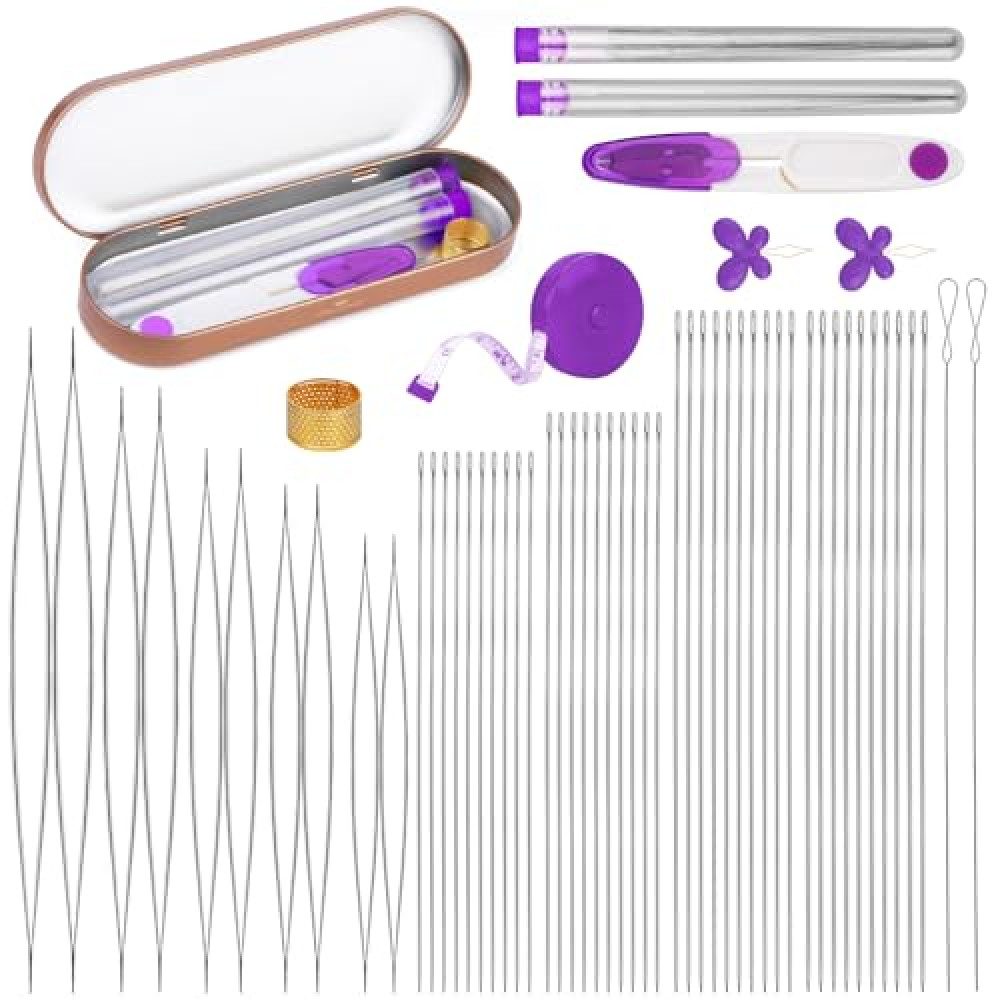 GarfxG 60 PCS Beading Needles Set With Collapsible Big Eye, Twisted Wire Seed, and Straight Needles, Threaders, Thimble, Scissors, Measure Tools in Storage Box