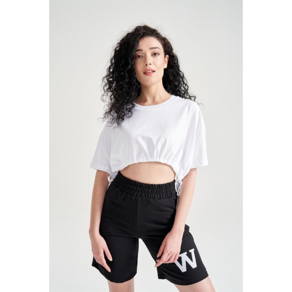Garmi Kadın Beli Büzgülü Crop T-Shirt Beyaz Bayan T-shirt Fiyatı