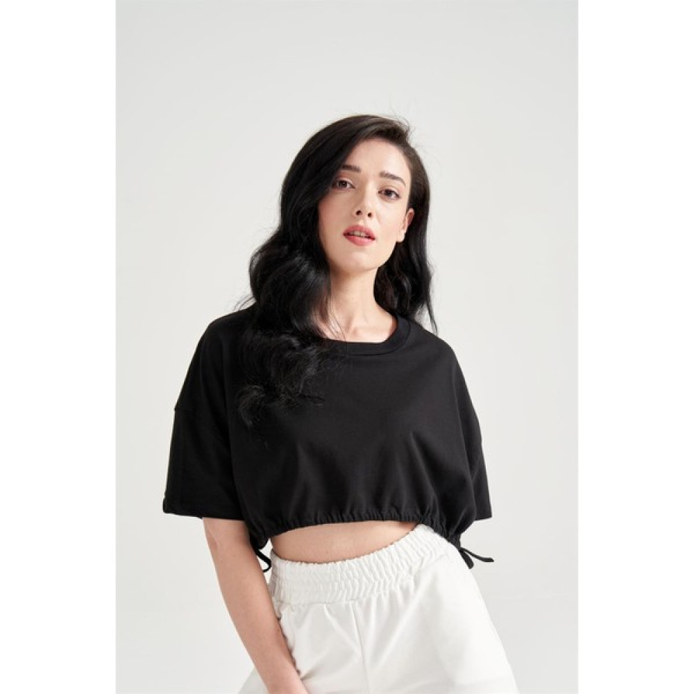 Garmi Kadın Beli Büzgülü Crop T-Shirt Siyah Bayan T-shirt Fiyatı