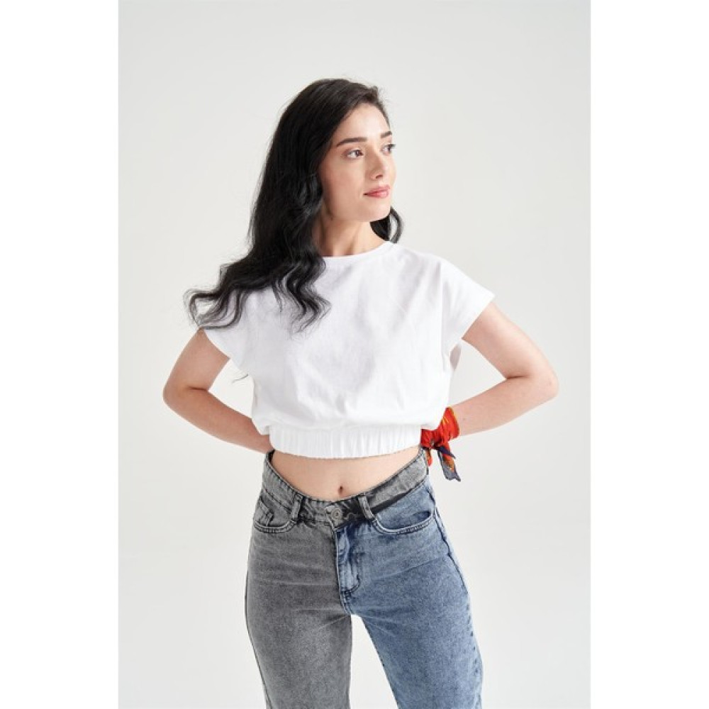 Garmi Kadın Beli Lastikli Basic T-Shirt Beyaz Bayan T-shirt Fiyatı
