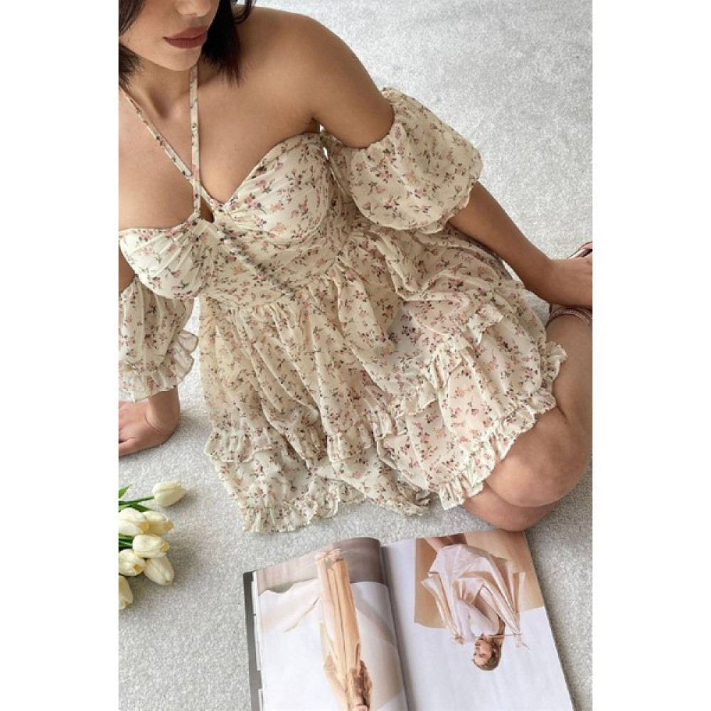 Garmoda Astarlı Şifon Elbise Prenses Elbise Mini Elbise Göğsü Dolgulu Elbise Düğme Detay Volanlı Elbise Elbise Fiyatı