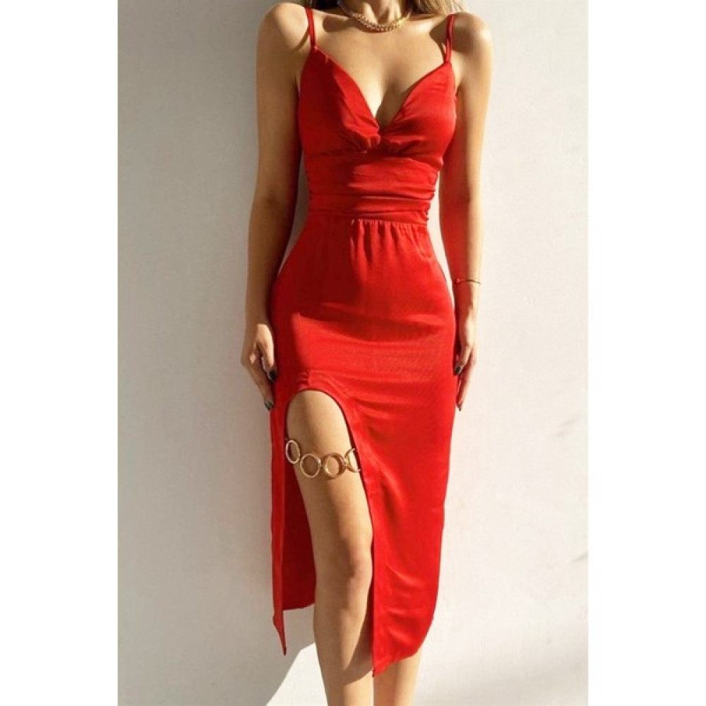 Garmoda Özel Tasarım Midi Boy Elbise Yırtmaçlı Midi Boy Elbise Zincir Detay Yılbaşı ELBISESI-10433 Elbise Fiyatı