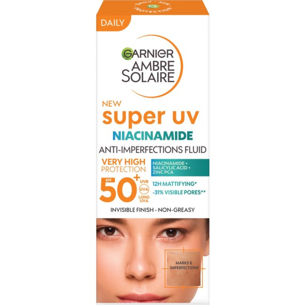 Garnier Ambre Solaire Super UV Niasinamid Cilt Kusurları Karşıtı Günlük Güneş Koruyucu Fluid Krem SPF50+ 40ML Güneş Kremleri ve Losyonları Fiyatı