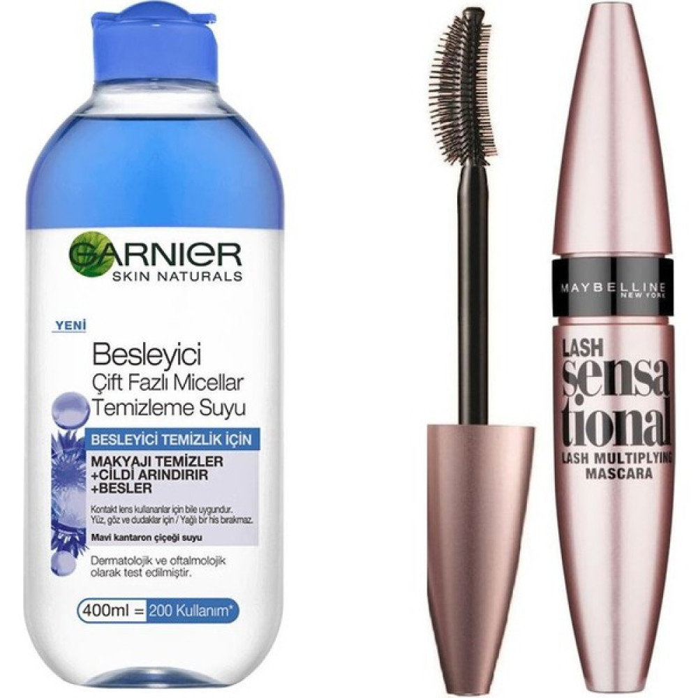 Garnier Besleyici Makyaj Temizleme Suyu+Maybelline Lash Sensational Maskara Göz Bakım Seti Makyaj Temizleyicileri Fiyatı