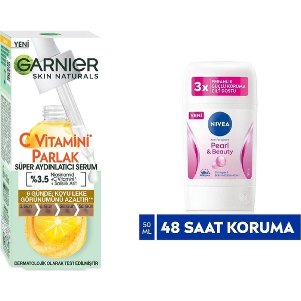 Garnier C Vitamini Süper Aydınlatıcı Serum 30 ml + Nivea Kadın Stick Deodorant Pearl & Beauty 50 ml Leke Kremi Fiyatı