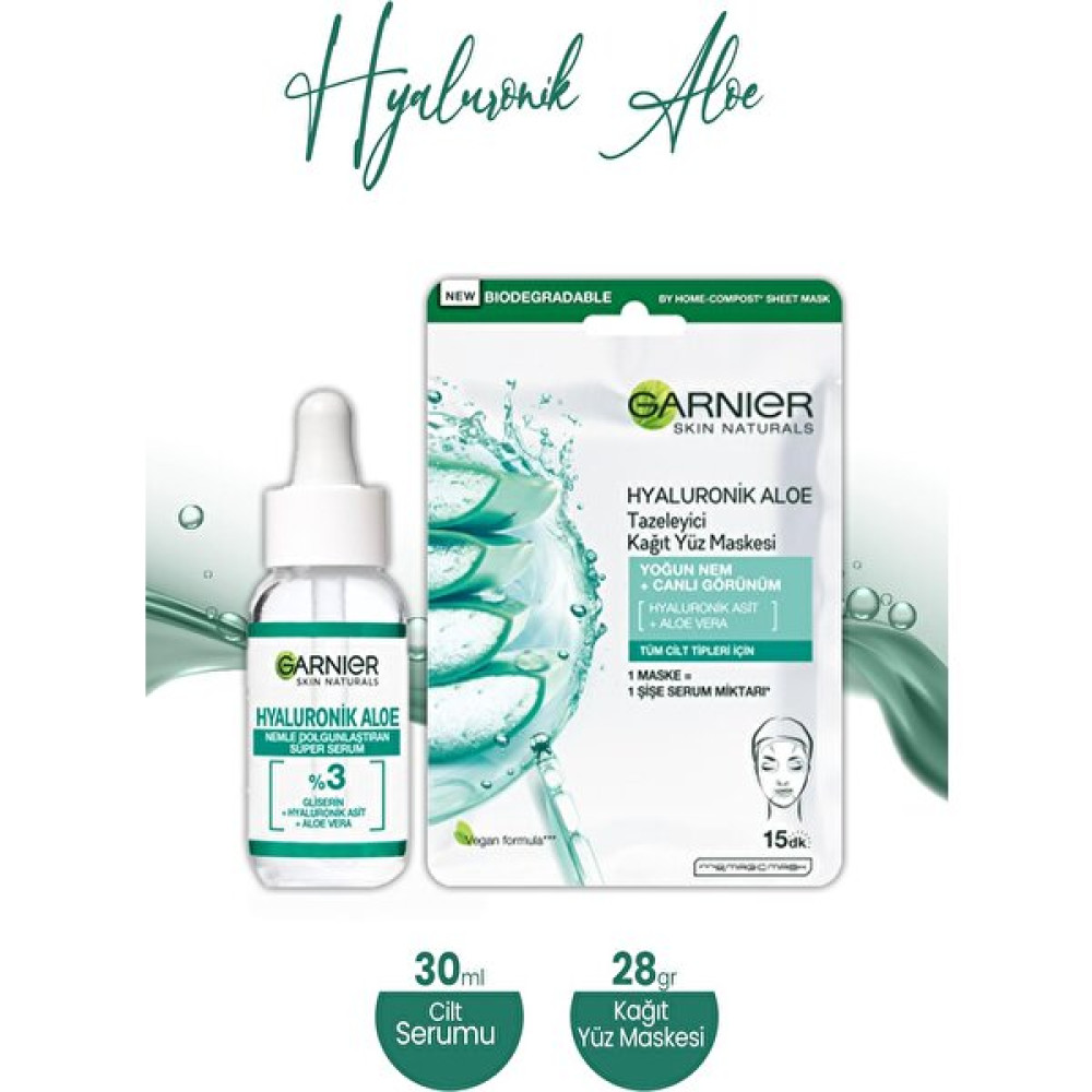 Garnier Hyaluronik Aloe Kağıt Yüz Maskesi Tazeleyici 28 gr ve Dolgunlaştıran Serum 30 ml - 1 Maskeler Fiyatı