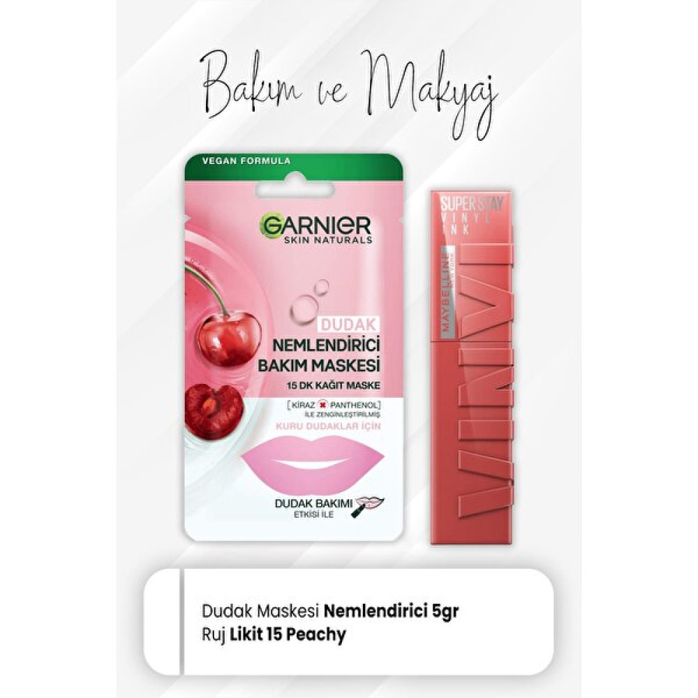 Garnier Kağıt Dudak Bakım Maskesi 5 gr ve Super Stay Vinyl Ink Likit Ruj 15 Peachy Dudak Bakımı / Koruyucu Fiyatı