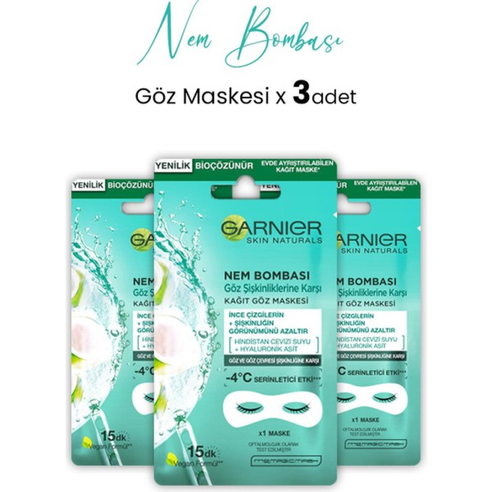 Garnier Kağıt Göz Maskesi Nem Bombası Hindistan Cevizi 6 gr x 3 Adet Maskeler Fiyatı
