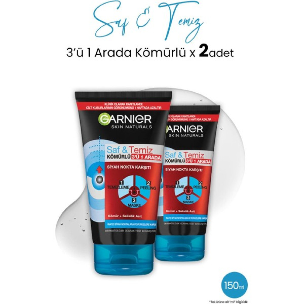 Garnier Kömür 3' Ü 1 Arada Saf & Temiz 150 ml x 2 Adet Maskeler Fiyatı
