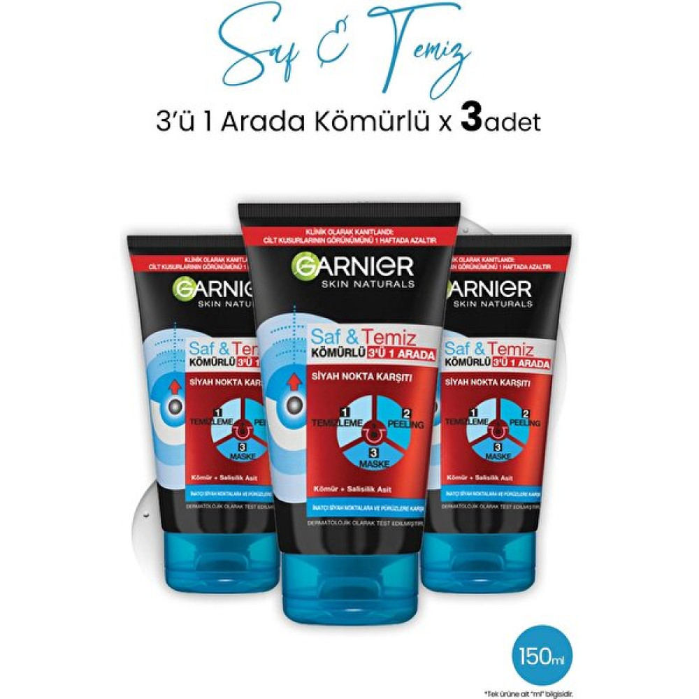 Garnier Kömür 3' Ü 1 Arada Saf & Temiz 150 ml x 3 Adet Maskeler Fiyatı