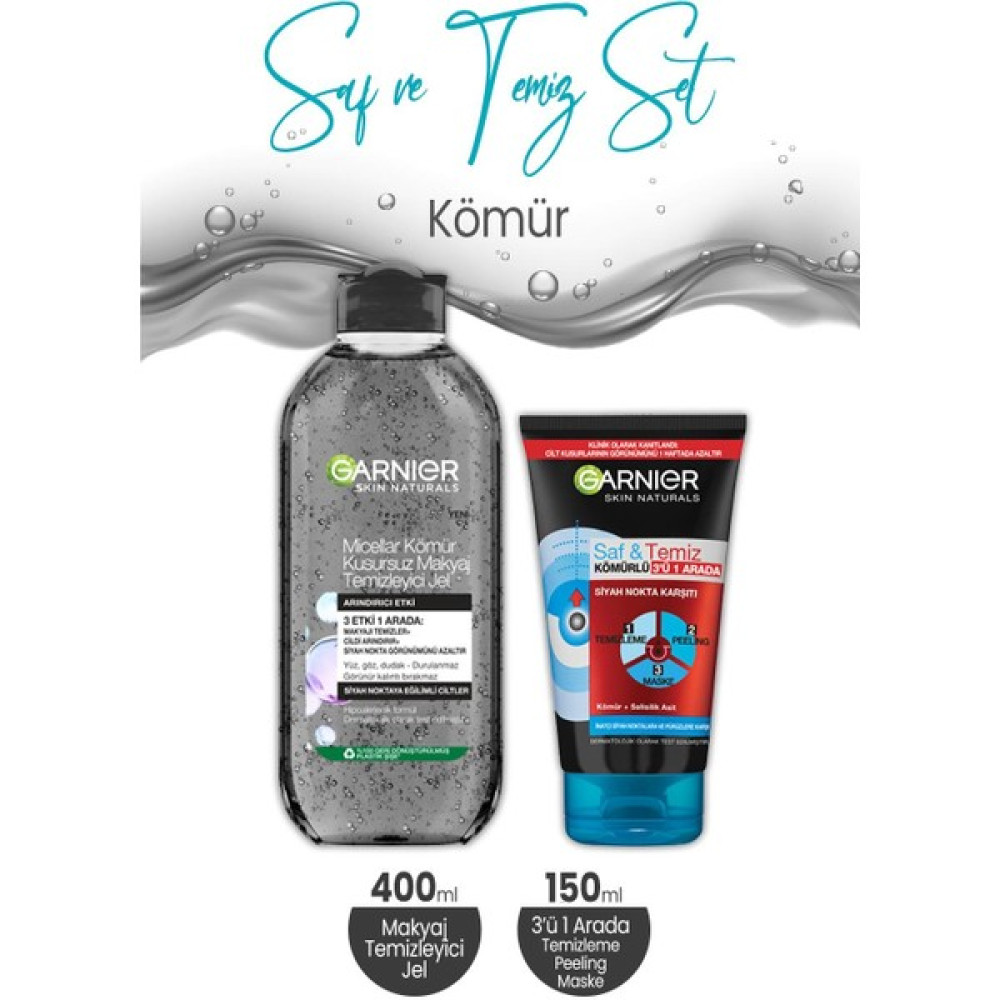 Garnier Kömür Saf & Temiz 3' Ü 1 Arada 150 ml ve Micellar Kömür Makyaj Temizleyici Jel 400 ml Makyaj Temizleyicileri Fiyatı