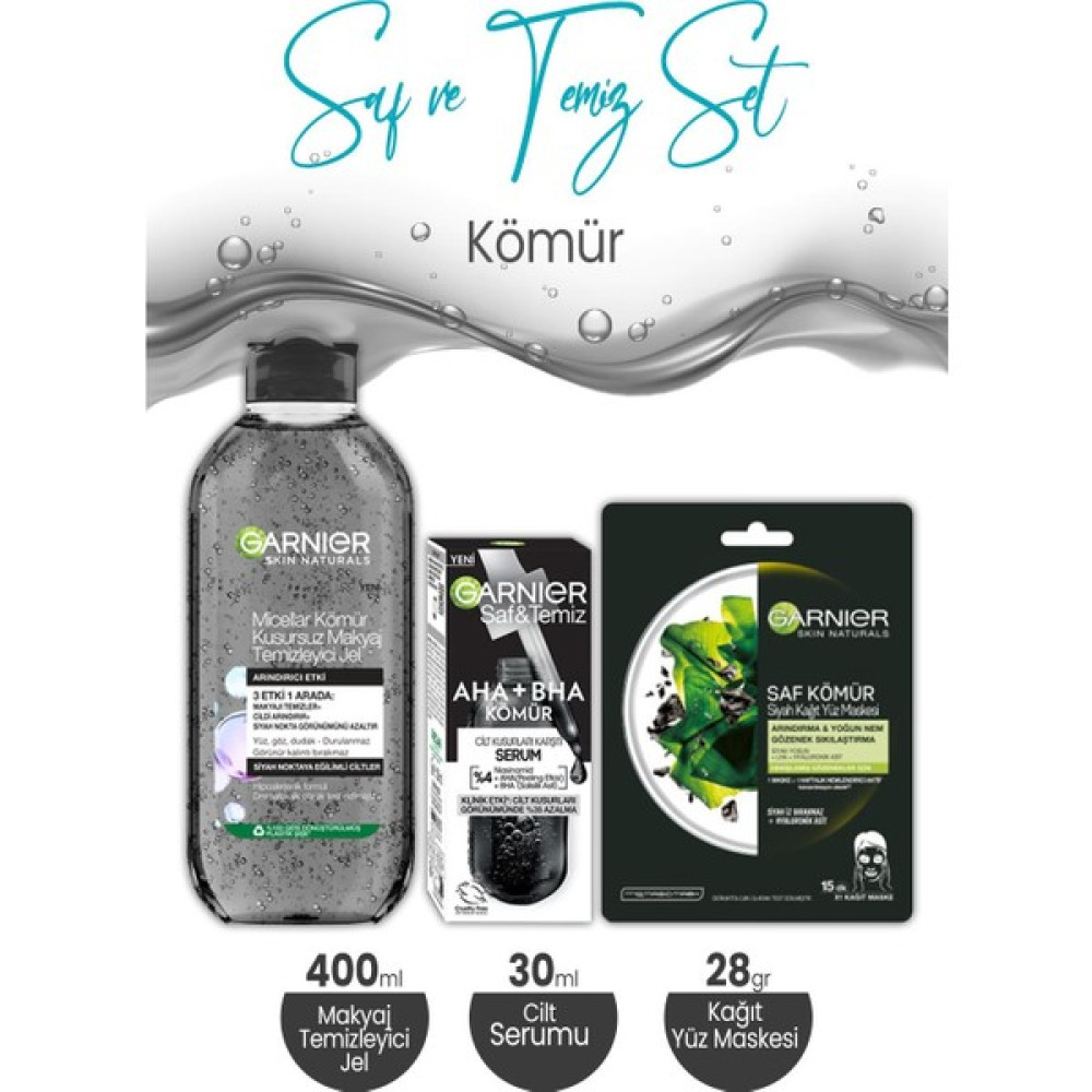 Garnier Micellar Kömür Makyaj Temizleyici Jel 400 Ml, Serum 30 ml ve Kağıt Yüz Maskesi 28 gr - 1 Maskeler Fiyatı