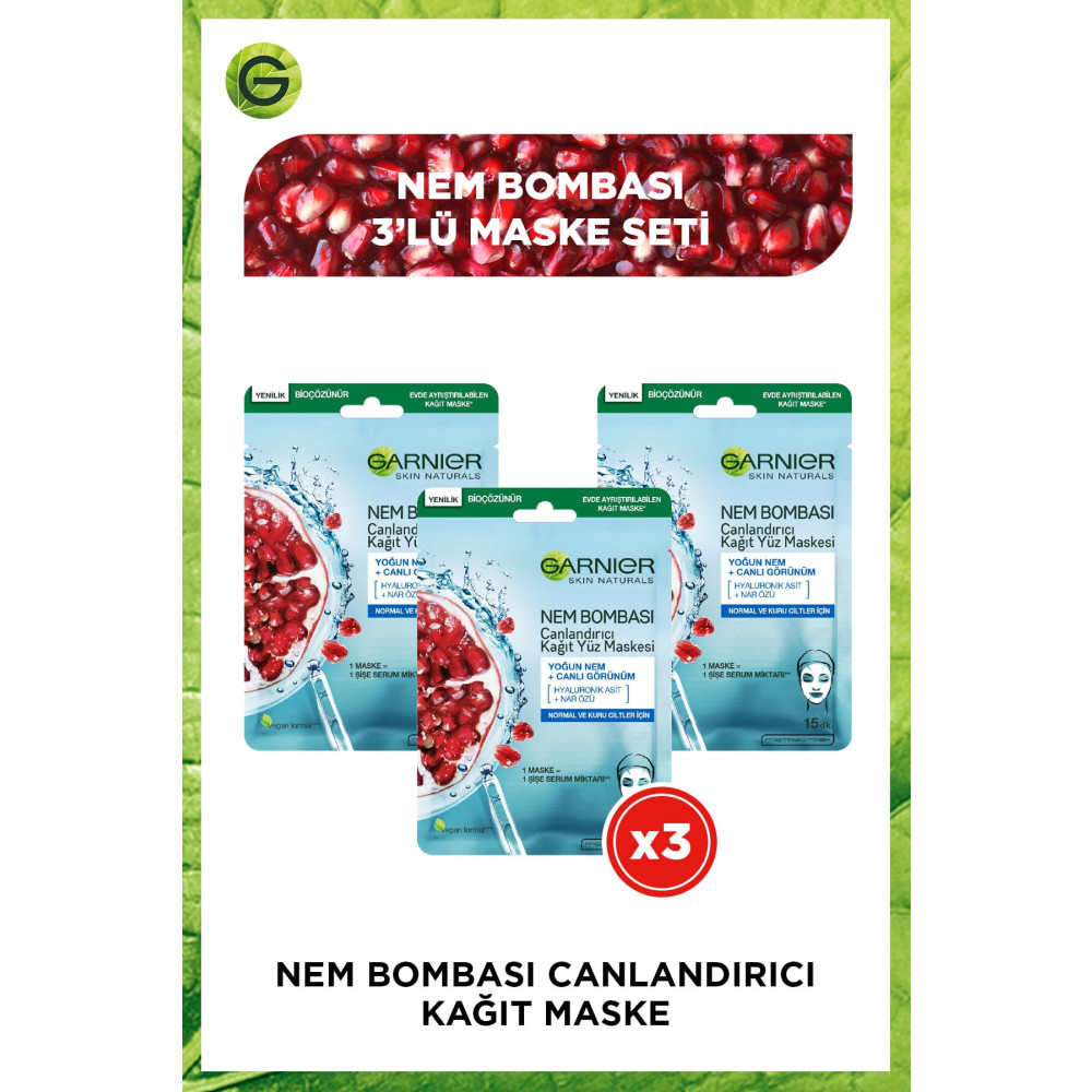 Garnier Nem Bombası Canlandırıcı Kağıt Maske 28 gr 3lü Cilt ve Yüz Bakımı Fiyatı