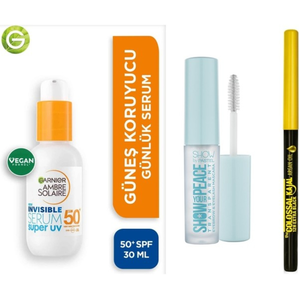 Garnier Uv Günlük Güneş Koruyucu Serum + Maybelline New York Colossal Kajal Liner Extra Black +Pastel Transparan Kaş Maskarası Güneş Kremleri ve Losyonları Fiyatı