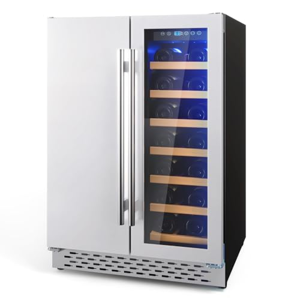 GarveeLife Low Noise 24 Inch Built In Wine and Beverage Fridge - 20 Bottle & 72 Dual Zone Wine Cooler Refrigerator with Glass & Stainless Steel Door, 35-64°F Drink Fridge with Light for Bar, Bedroom