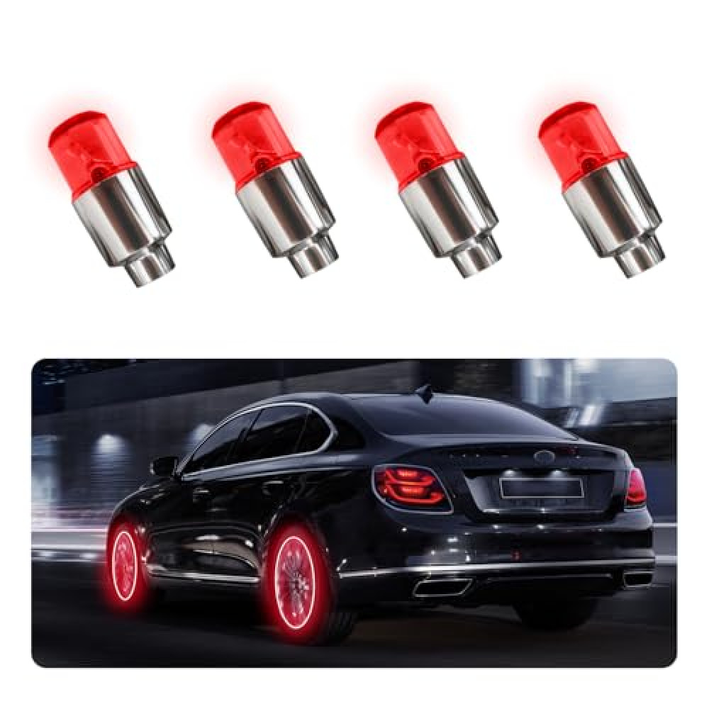 Gasedin 4 PCS LED Tire Valve Stem Cap Lights, Cool Light & Shock Sensor Night Flash Light for Tire Decor, Waterproof Motion Tire Spoke Light for Most Vehicle, Car Accessories (Red)