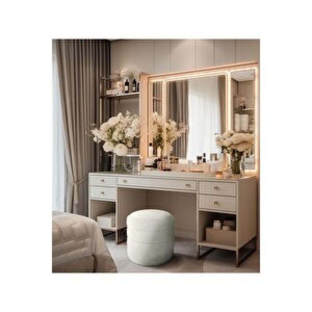Gazzini Diana Slim Line Luxury Beyaz Puf - Krem Havlu Kumaş, Silindir, Dekoratif Makyaj Masası Pufu -modern Puf Fiyatı
