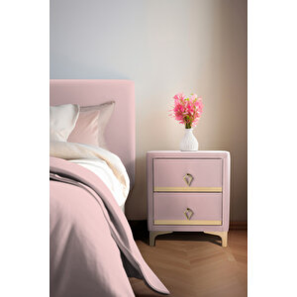 Gazzini Doppia Linea Gold İki Çekmeceli Pembe Komodin- Kumaş Döşemeli Yatak Odası 2 'li Komodin Modelleri Komidin Fiyatı